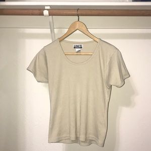 beige t shirt.